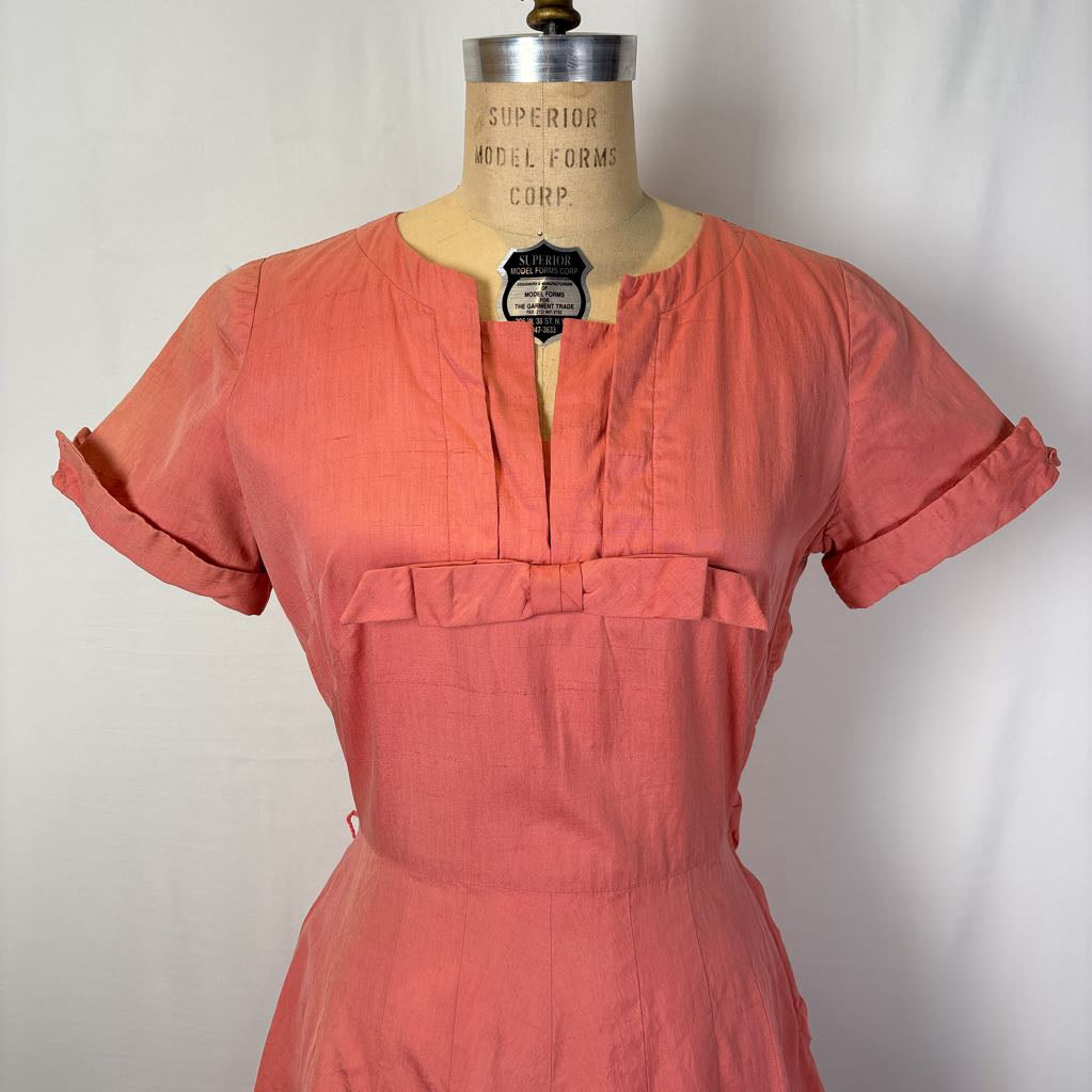 1960 Handmade Peach Dress w/ Front Bow & Pleated Skirt