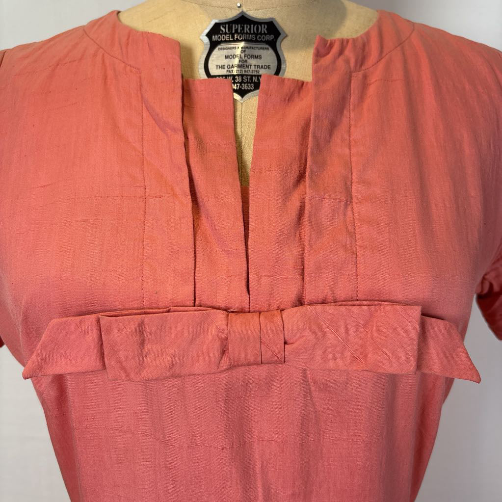 1960 Handmade Peach Dress w/ Front Bow & Pleated Skirt