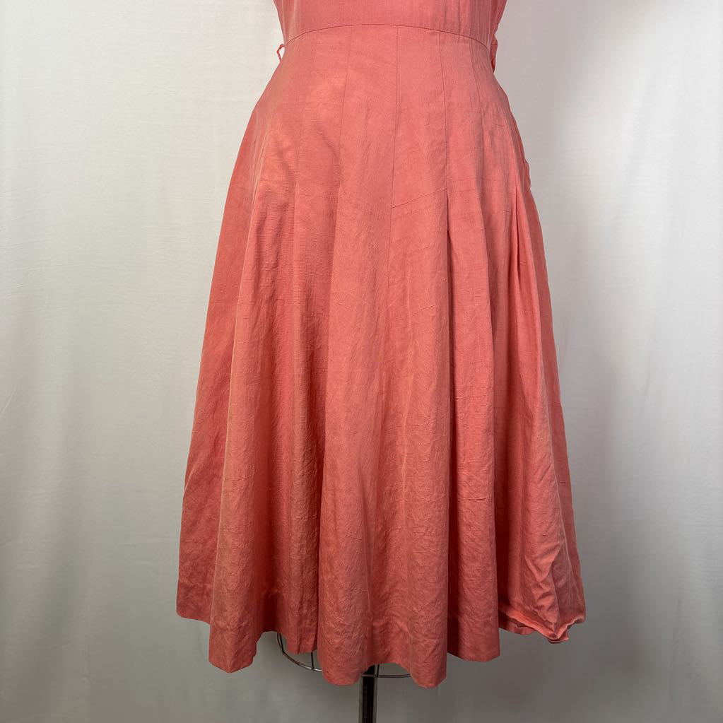 1960 Handmade Peach Dress w/ Front Bow & Pleated Skirt