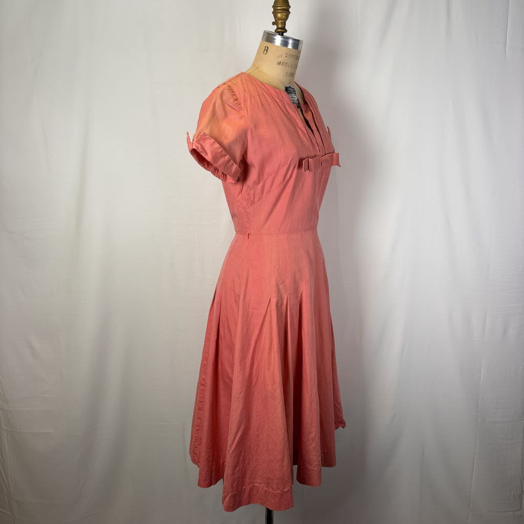 1960 Handmade Peach Dress w/ Front Bow & Pleated Skirt