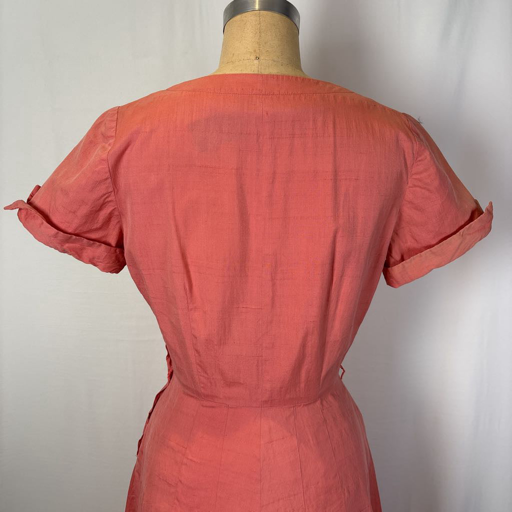 1960 Handmade Peach Dress w/ Front Bow & Pleated Skirt