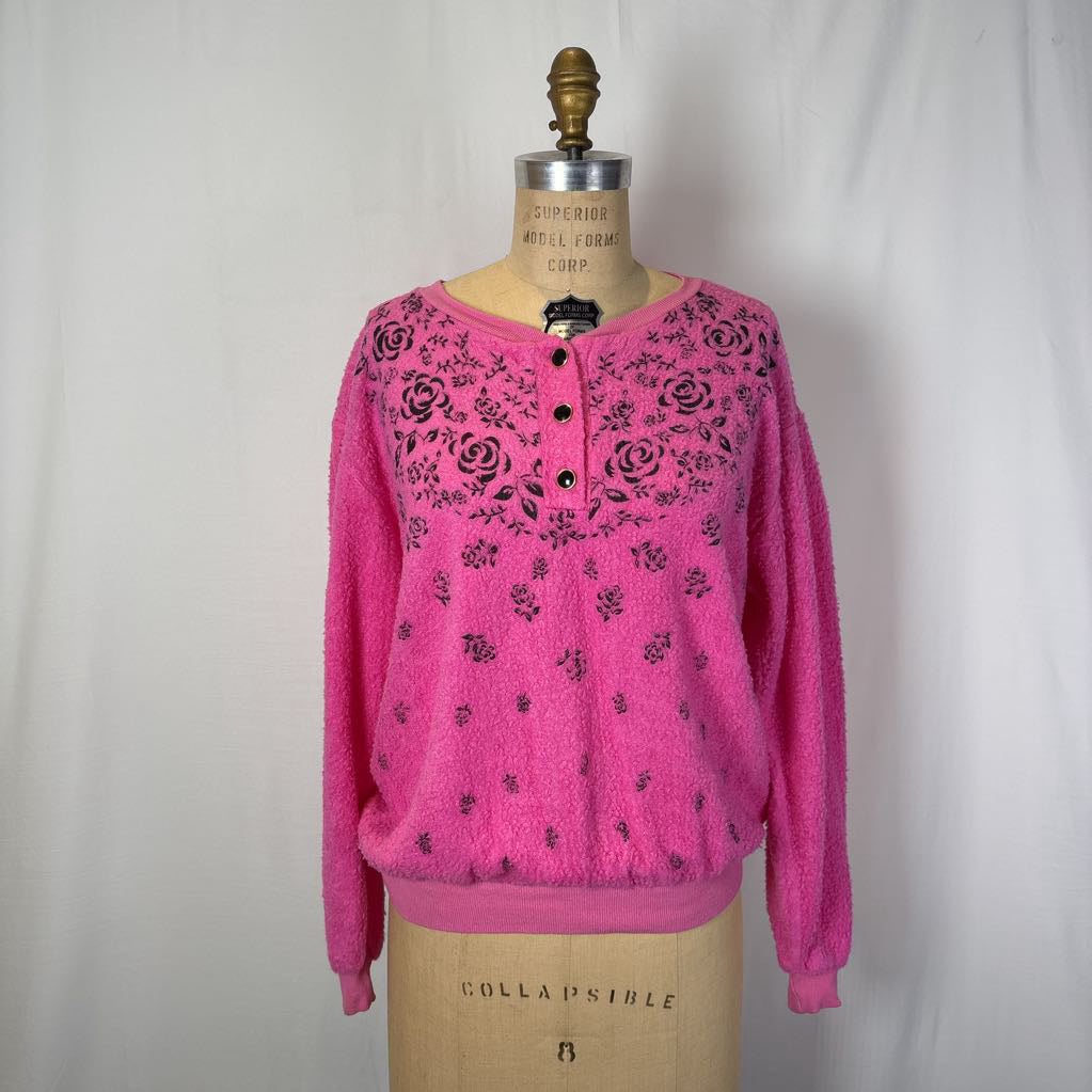 Vintage Hot Pink Sweater w/ Black Roses
