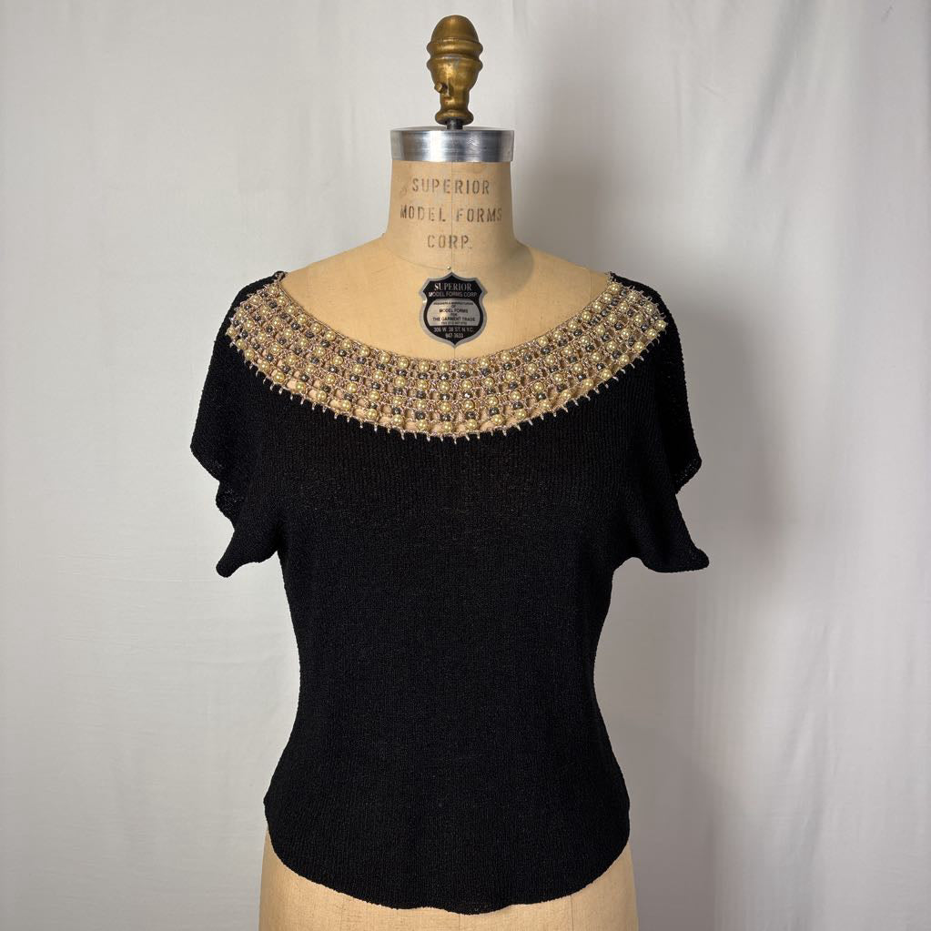1960s Rosanna Knit Top w/ Pearl Embroidered Collar
