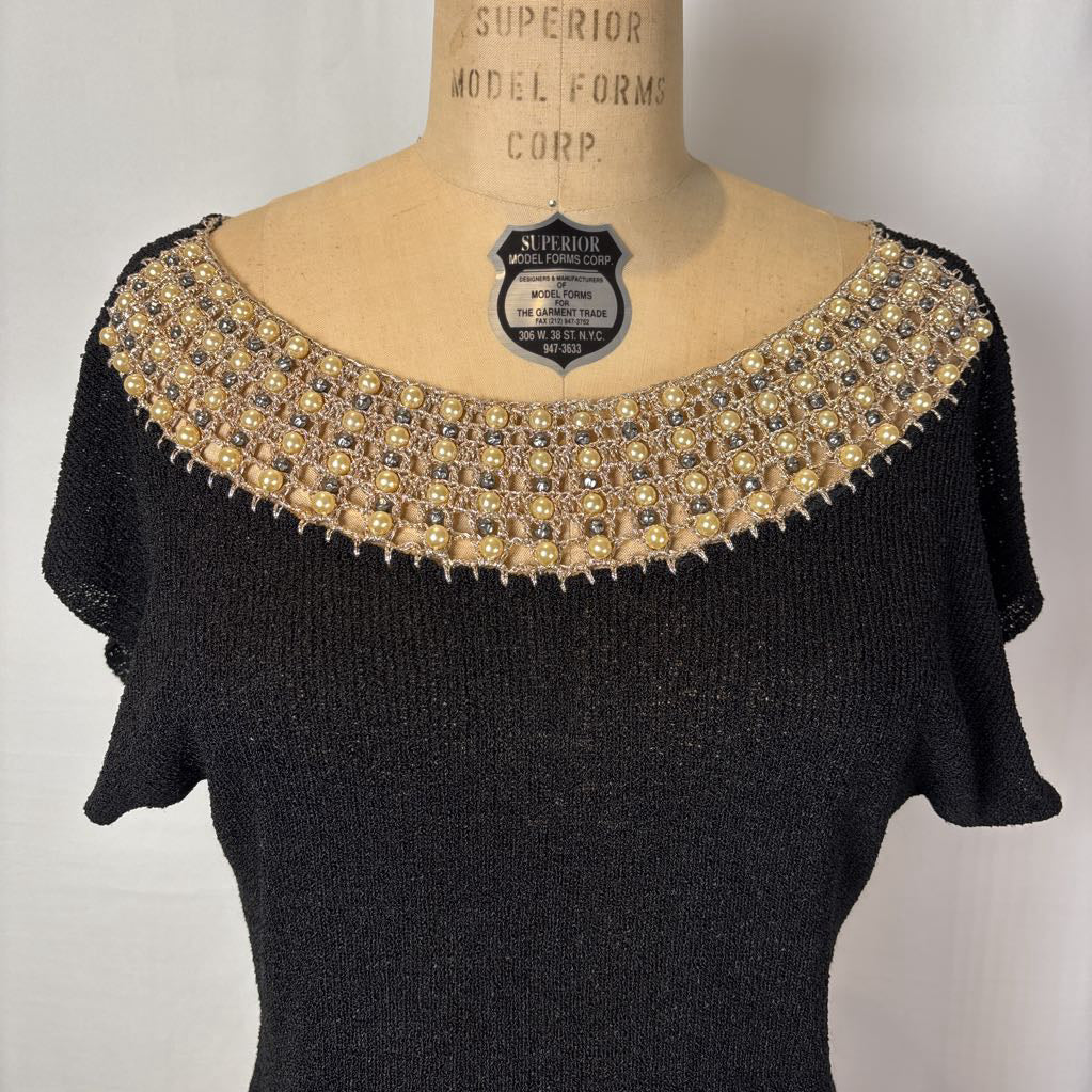 1960s Rosanna Knit Top w/ Pearl Embroidered Collar