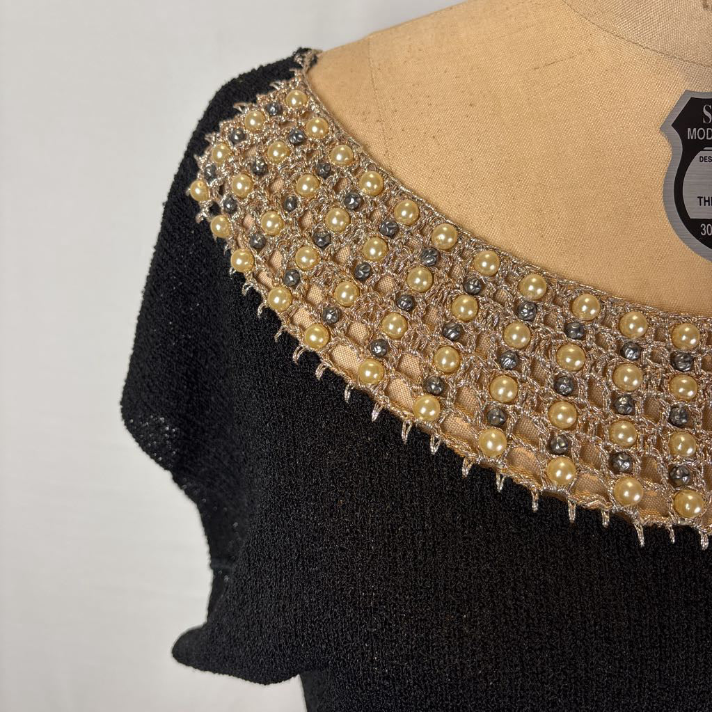 1960s Rosanna Knit Top w/ Pearl Embroidered Collar