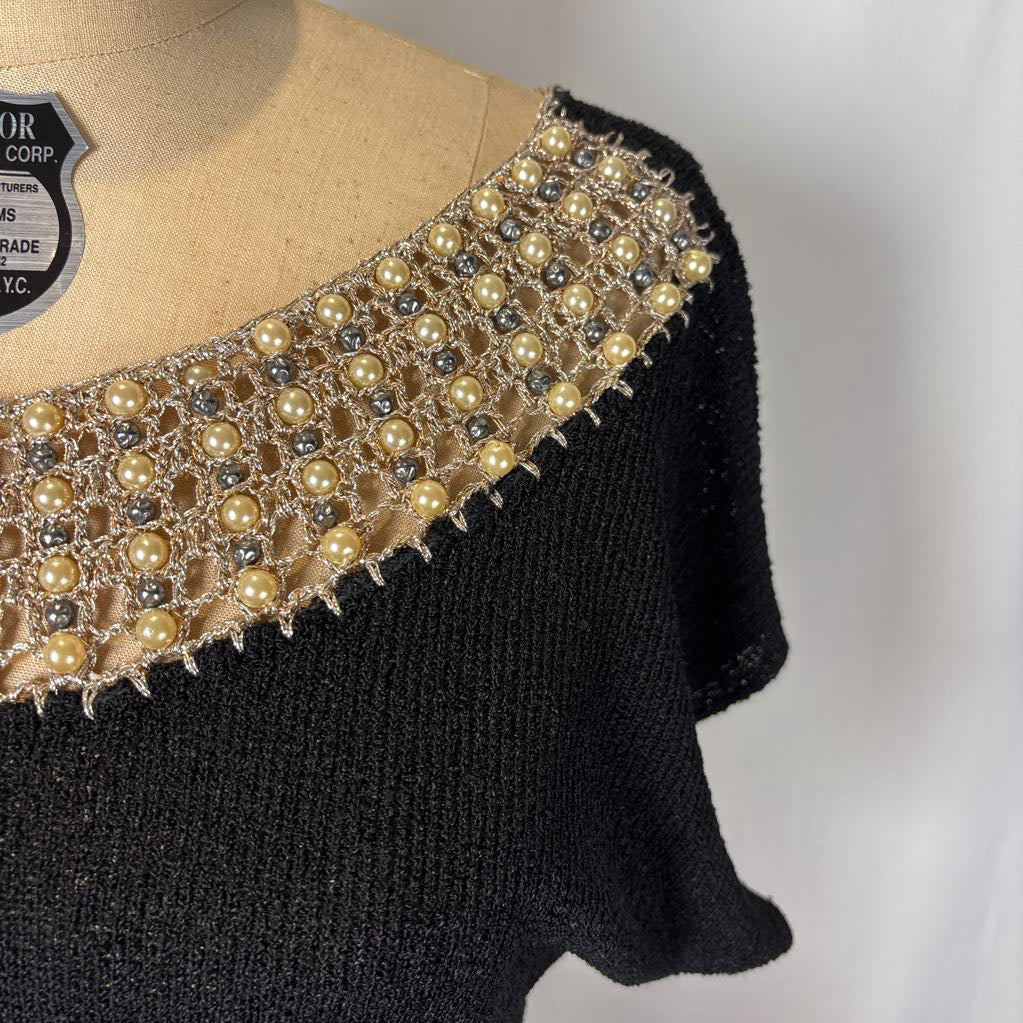 1960s Rosanna Knit Top w/ Pearl Embroidered Collar