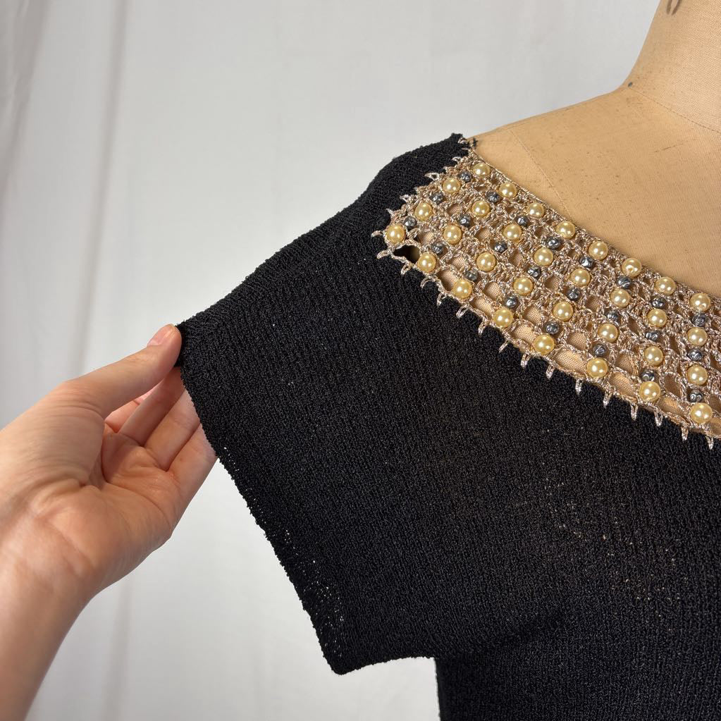 1960s Rosanna Knit Top w/ Pearl Embroidered Collar