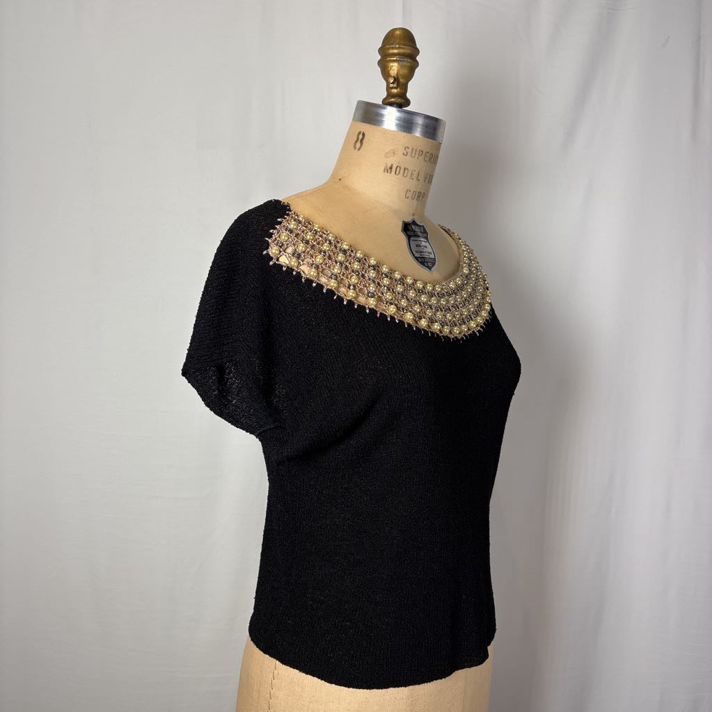 1960s Rosanna Knit Top w/ Pearl Embroidered Collar