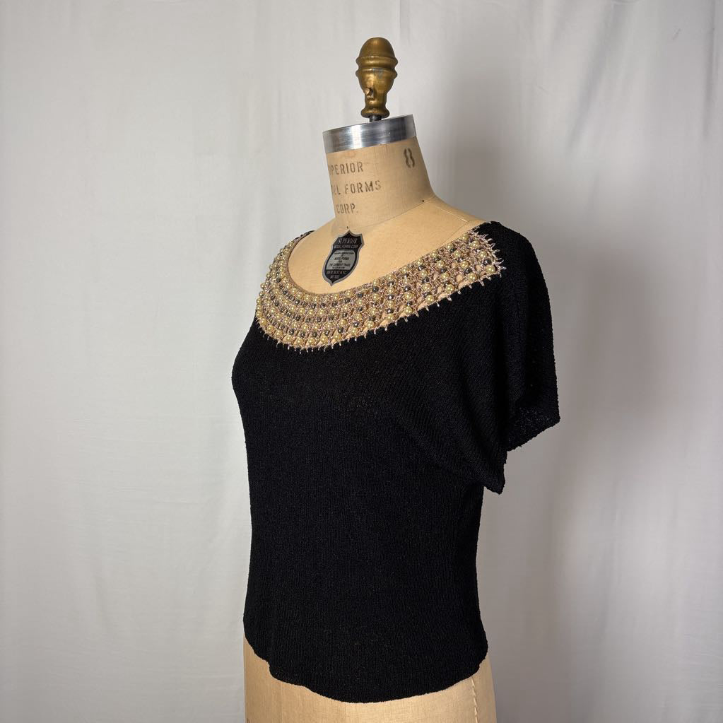 1960s Rosanna Knit Top w/ Pearl Embroidered Collar