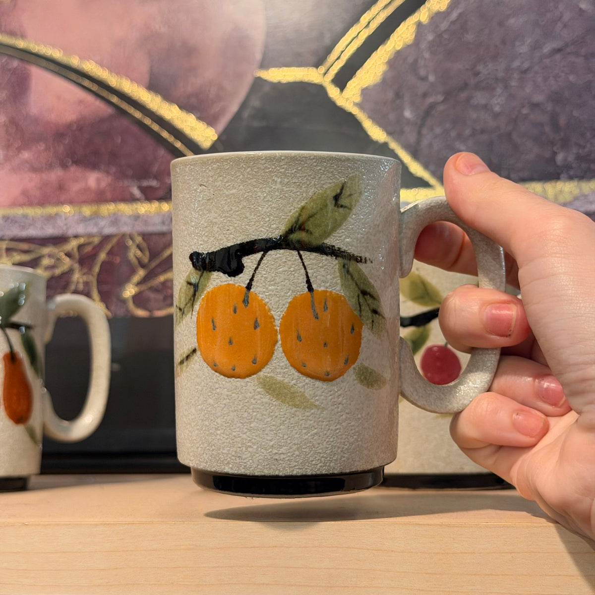 Vintage Napcoware Handpainted Textured Mugs w Fruit Motif (6)