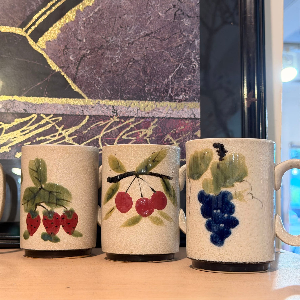 Vintage Napcoware Handpainted Textured Mugs w Fruit Motif (6)