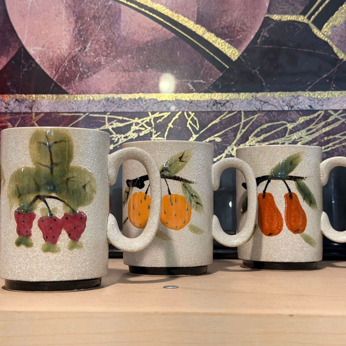 Vintage Napcoware Handpainted Textured Mugs w Fruit Motif (6)