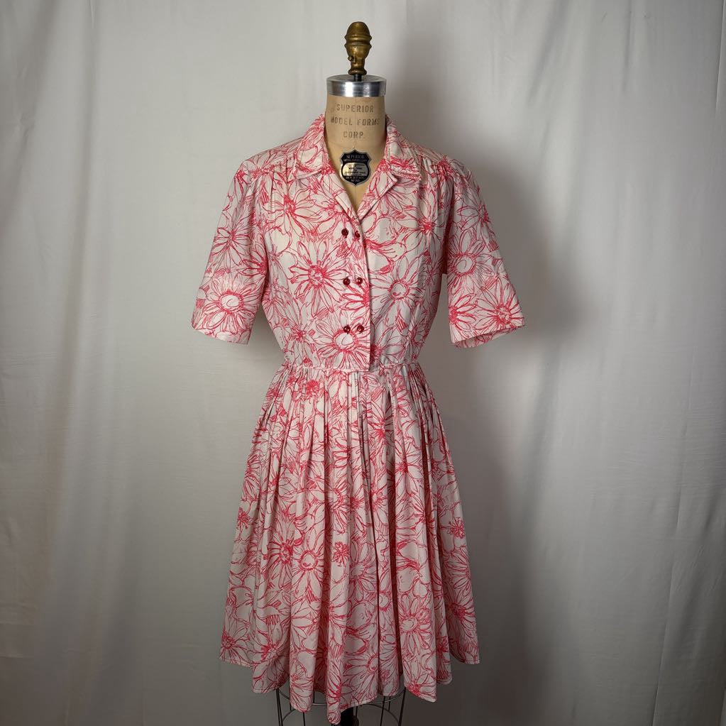 1950s Pacemaker Juniors Red & White Floral Day Dress