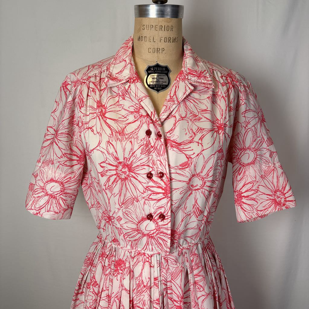 1950s Pacemaker Juniors Red & White Floral Day Dress