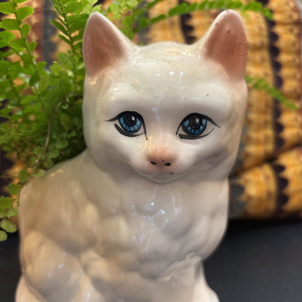 A white ceramic kitten with blue eyes and a fern plant inside It's sitting on a black leather seat with a cushion behind it.