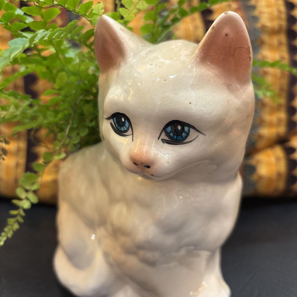 A white ceramic kitten with blue eyes and a fern plant inside It's sitting on a black leather seat with a cushion behind it.