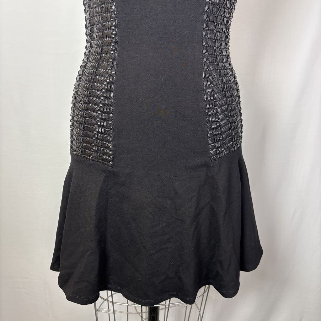 A black sleeveless dress displayed on a wire dress form against a white fabric backdrop. The bodice features textured, shimmering dark gray vertical panels on both sides of a smooth black center panel, with a flared skirt.