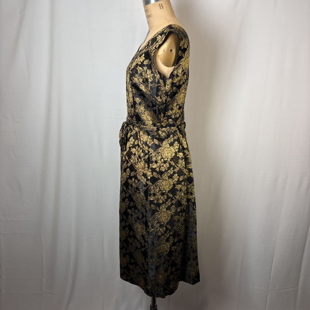 1960s Black & Gold Gilded Rose Brocade Dress