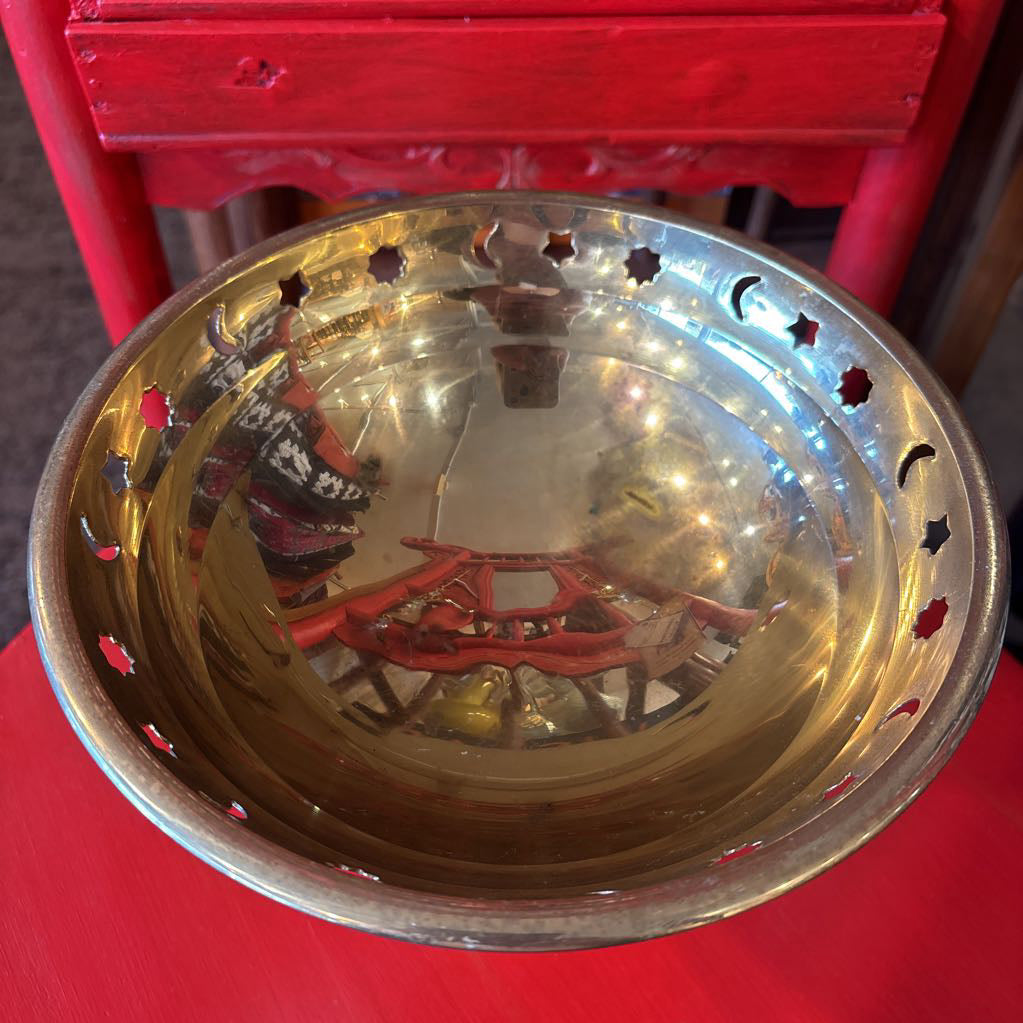 Vintage Brass Pedestal Bowl with Suns, Stars & Moons Accents