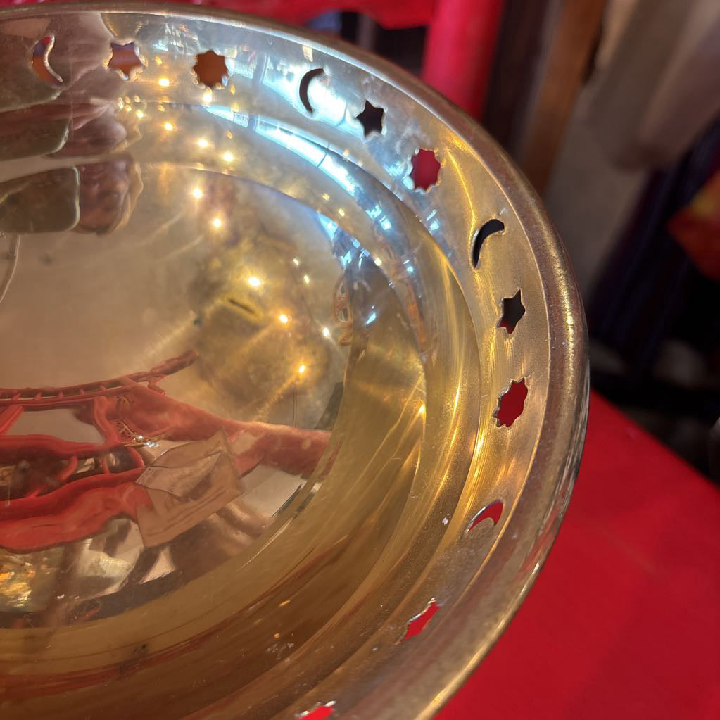 Vintage Brass Pedestal Bowl with Suns, Stars & Moons Accents
