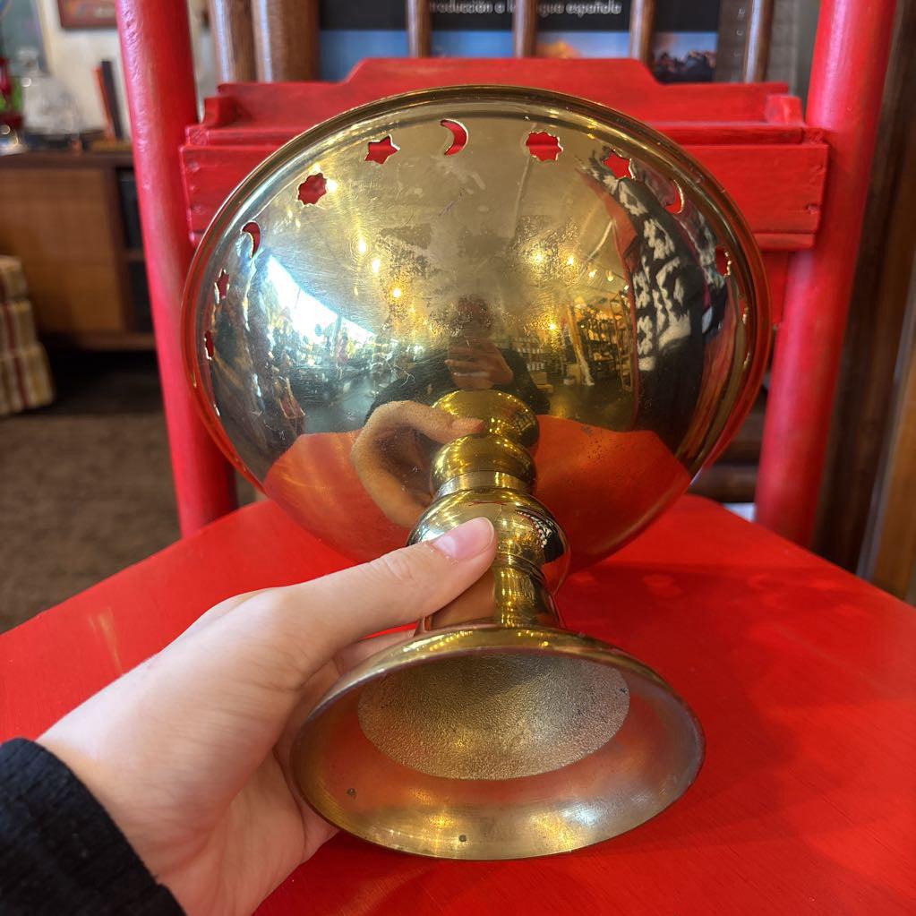 Vintage Brass Pedestal Bowl with Suns, Stars & Moons Accents