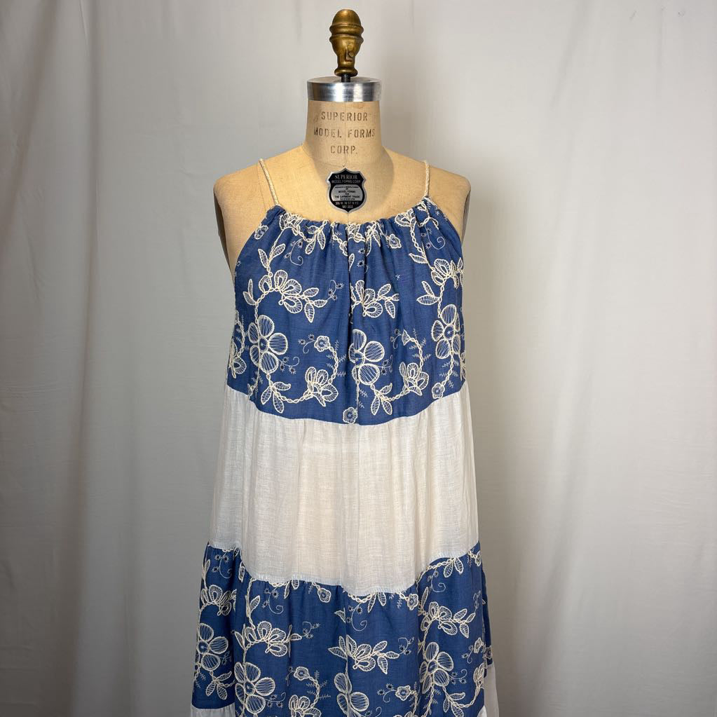 White and Blue Embroidered Mumu