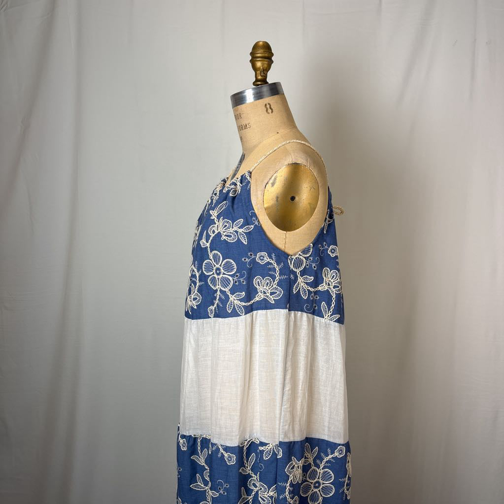 White and Blue Embroidered Mumu