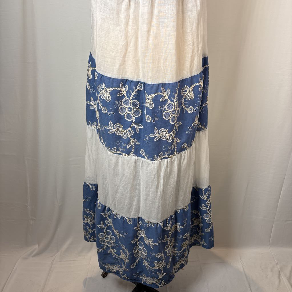White and Blue Embroidered Mumu