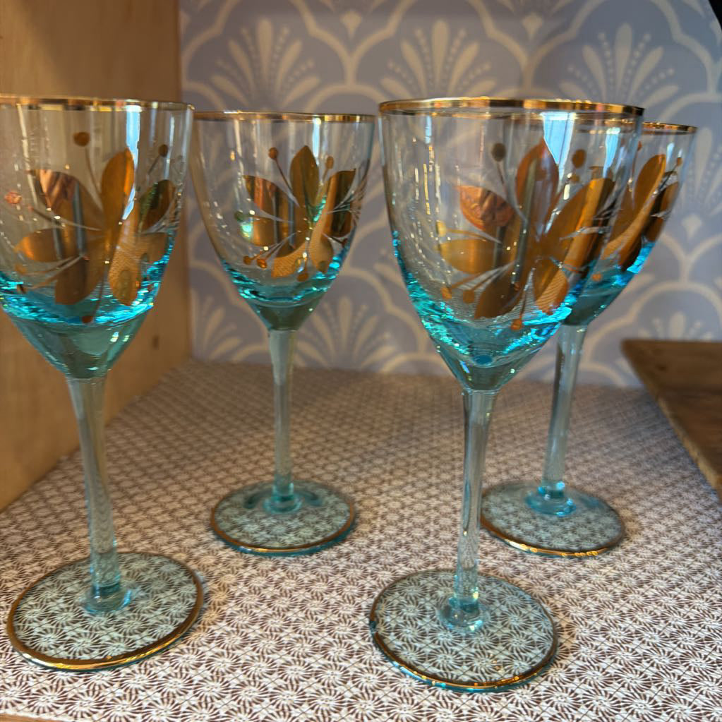 Set of four aqua and gold rim wine cordial classes