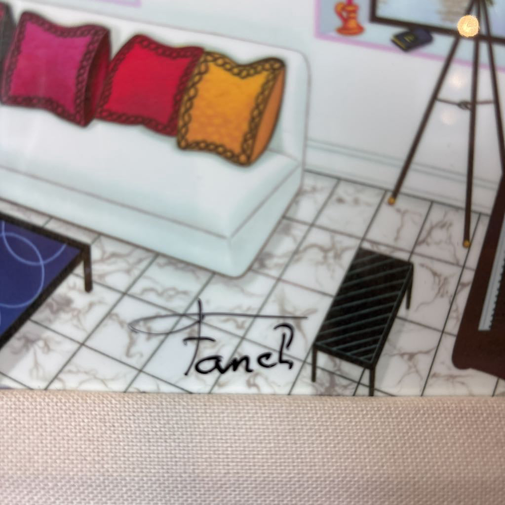 A framed artwork of a room and a nigh time cityscape outside of the windows. 