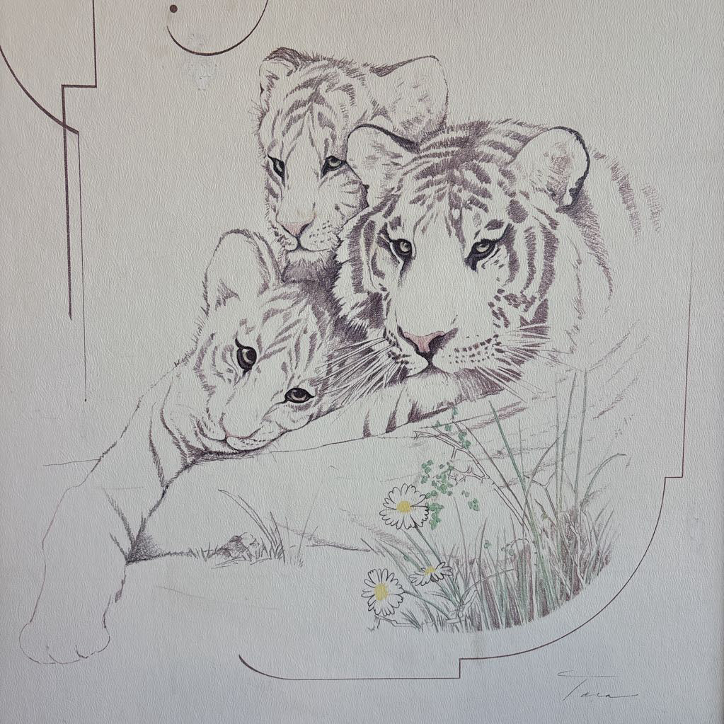 A white artwork of a tiger and cubs in a thick wooden frame. 