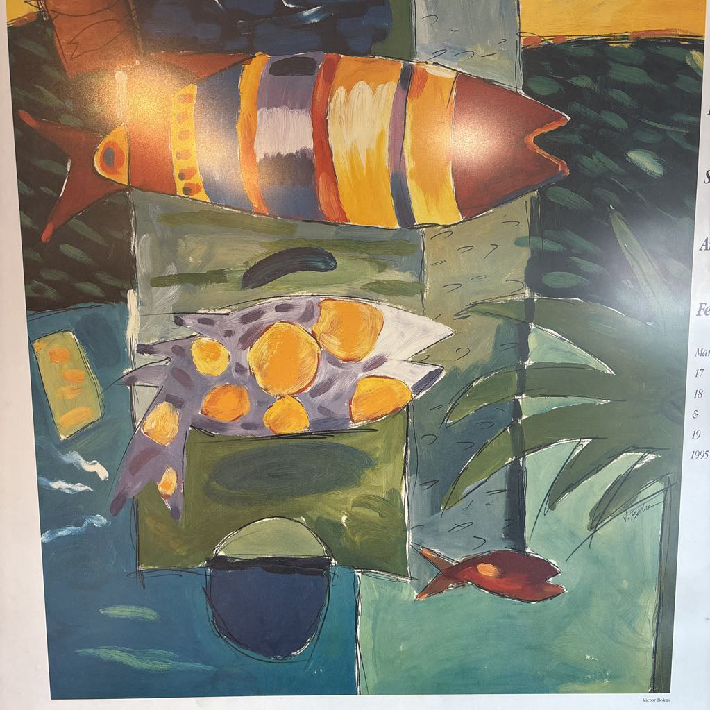 A colorful abstract artwork of fishes with the words, "36th Annual The Winter Park Sidewalk Art Festival" around the edge of the work.